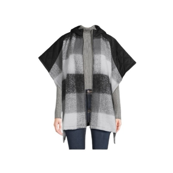 Time And Tru Plaid Hooded Zipper Poncho Sweater - Picture 4 of 11